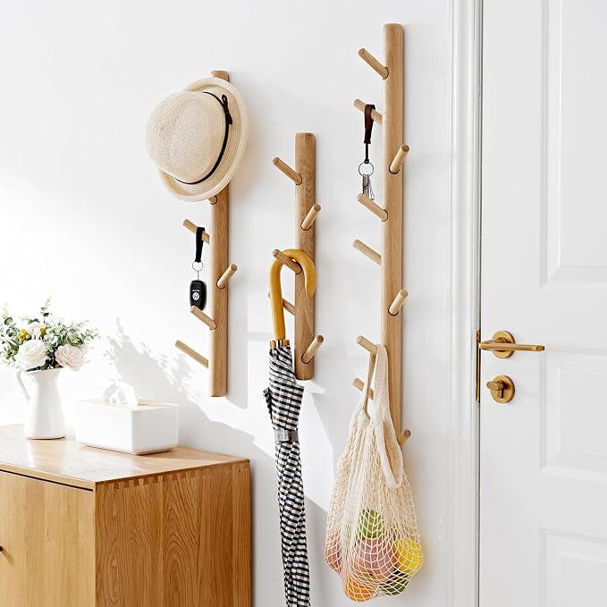 Vertical Coat Rack Wall Mounted - Height 28 Inches, Oak Wood Vertical Hat Rack for Wall with 7 Hooks, Modern Coat Rack Tree for Hanging Hats, Jackets, Bags in Entryway Bedroom Office