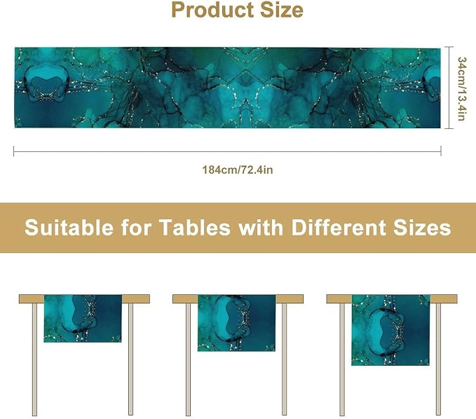 Turquoise Marble Table Runner, Teal Blue Gold River Textured Modern Abstract Art Table Runner for Kitchen Dining Home Party Wedding Decor, 13x120 Inch
