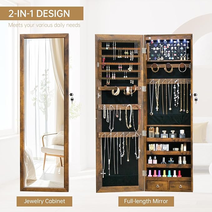 LED Jewelry Cabinet with Mirror - 47.3" Mirror Jewelry Armoire Door Hanging/Wall Mounted Mirror with Storage And Drawers Rustic Brown
