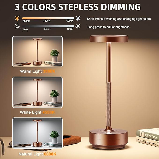 2-Pack Cordless Table Lamp Rechargeable, 5000mAh Battery Operated LED, Touch 3-Color Stepless Dimming, IP54 Waterproof Wireless Lamp for Bedroom Dining Restaurant Patio Outdoor – Coffee