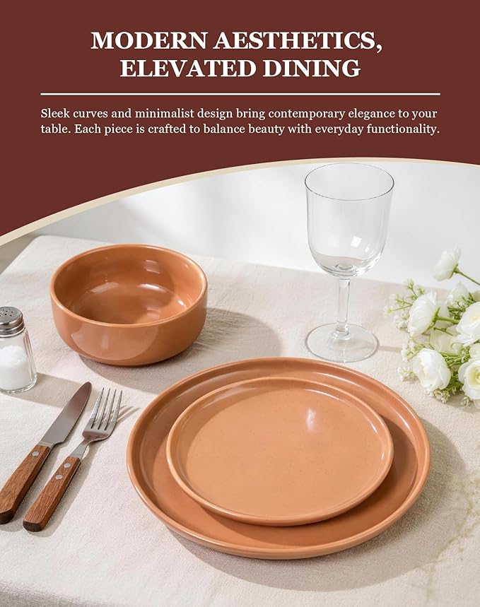 OTAGO 24-Piece Dinnerware Sets for 6, Ceramic Plates and Bowls Set with Partially Unglazed Base, Handcrafted Look, Stoneware Dishes Set for Kitchen, Brown, Dinner & Dining, Microwave & Dishwasher Safe