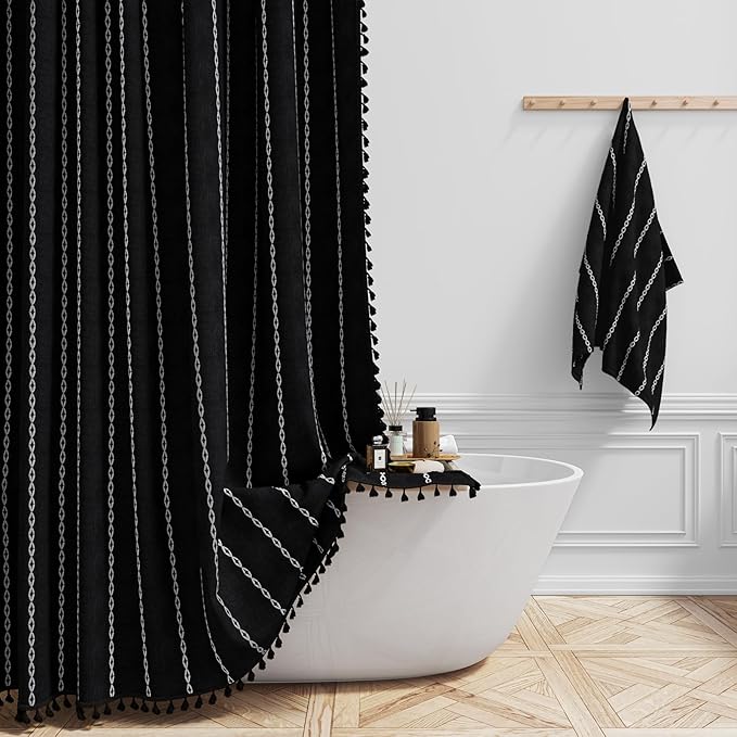 BTTN Stall Fabric Shower Curtain - 54x78 Boho Striped Linen Heavy Duty Tassel Shower Curtain with 10 Hooks, Narrow Rustic Modern Farmhouse Bohemian Thick Shower Curtains for Bathroom - Black and White