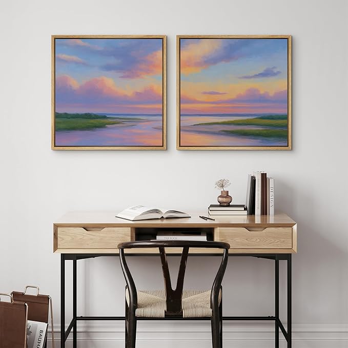 SIGNFORD Framed Canvas Print Wall Art Set Pastel Sunset Coastal Landscape Soft Color Horizon Modern Art Relax/Calm for Living Room, Bedroom, Office - 24"x24"x2 NATURAL