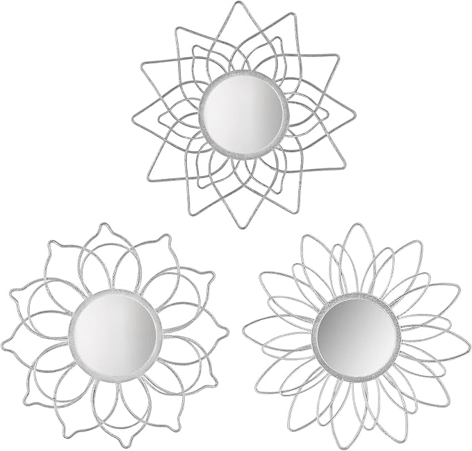 Silver Mirrors for Wall, 9 inch Metal Flower Mirrors Home Valentine Decoration, Valentine Wall Art Decorative Mirror Small Mirror for Living Room Bedroom, Entrance Set of 3