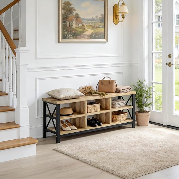 FATORRI Shoe Bench Entryway with Storage, Industrial Wood and Metal Hallway Benches with Adjustable Shelves, Rustic Entry Way Bench for Living Room (47.24 Inch Long, Rustic Oak)