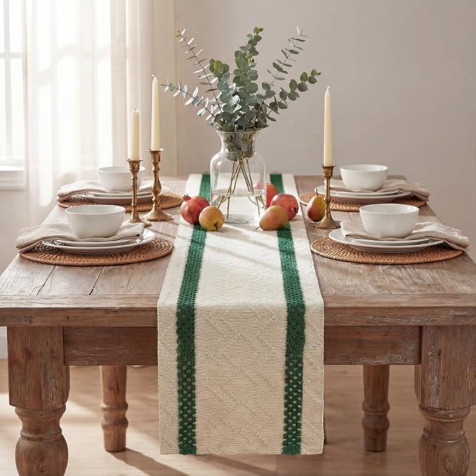 Artoid Mode Forest Green Stripe Woven Table Runner, Seasonal Holiday Hollow Kitchen Dining Table Decoration for Home Party Decor 12x120 Inch