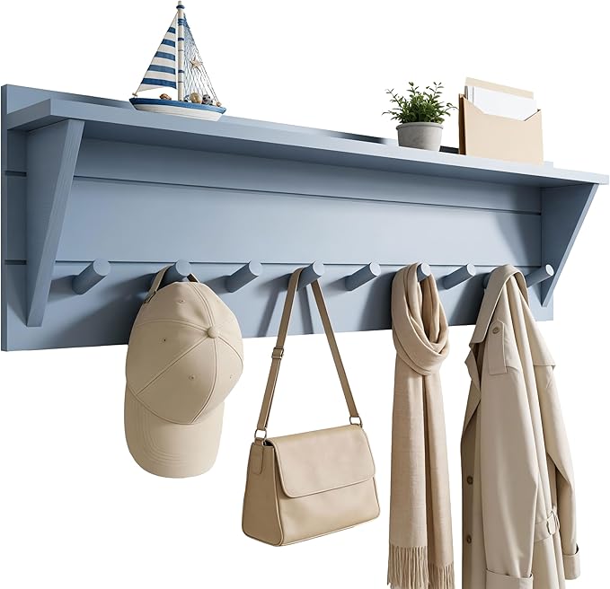 WEBI Coat Rack Wall Mount with Shelf,36" Long Entryway Wall Shelf with Hooks Underneath,9 Peg Hooks for Hanging Coats,Caps,Jacket,Clothes,Light Blue