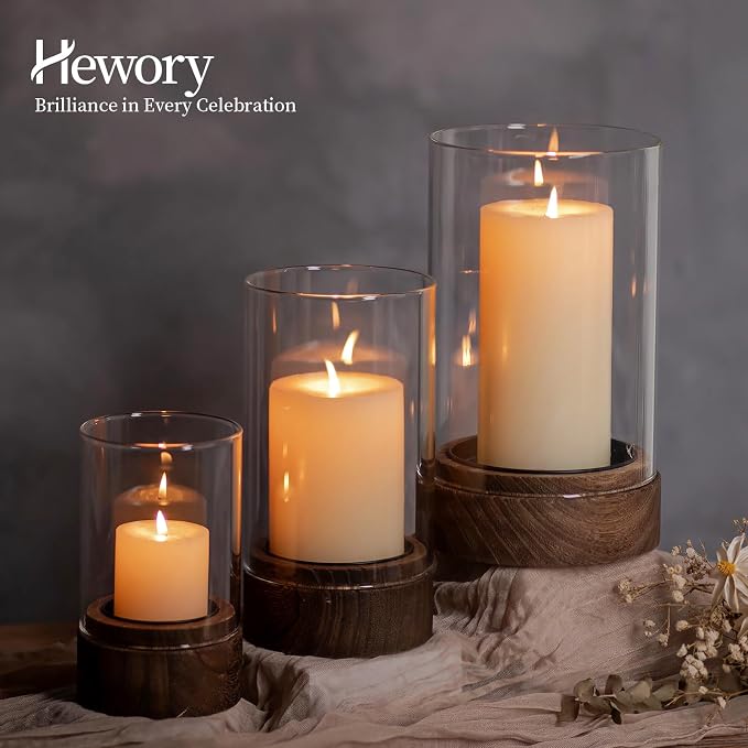 Hewory Hurricane Glass Candle Holder : Set of 3 Rustic Brown Candle Holders for Pillar Candles, Vintage Decorative Wood Stand with Clear Glass for Weddings,Christmas,Table Centerpiece,Home Decor