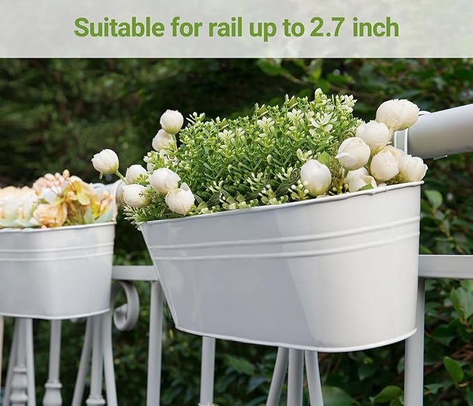 Dahey 4 Pcs Metal Iron Hanging Flower Pots for Railing Fence 15.7 Inch Hanging Bucket Pots Countryside Style Window Flower Plant Holder with Detachable Hooks for Garden Yard Home Decor, White