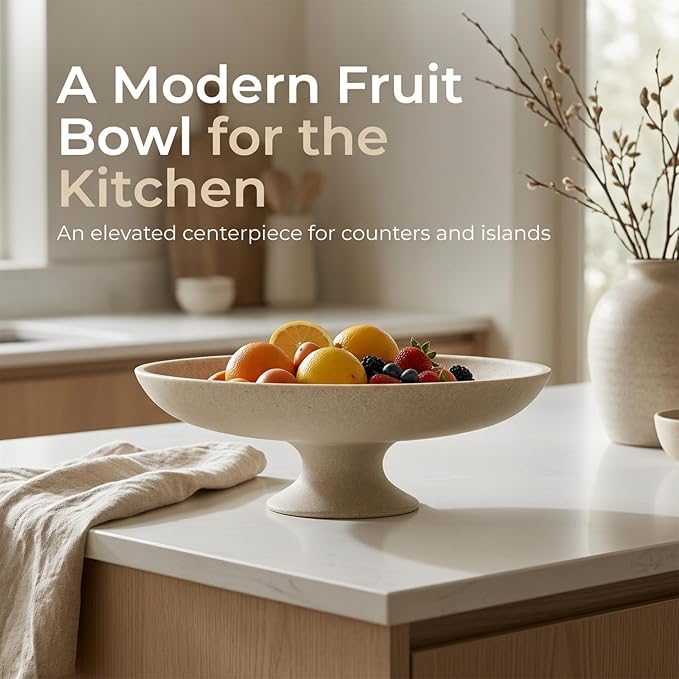 Beige Decorative Fruit Bowl, 11.45" Large Modern Pedestal Bowl for Kitchen Counter, Coffee Table, Entryway Table, Centerpiece Catch All Key Bowl