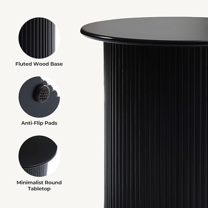 LuxenHome 15" Extra Small Black End Table, Fluted Side Tables for Living Room, Modern Round Side Table for Small Spaces, Wooden Accent Table