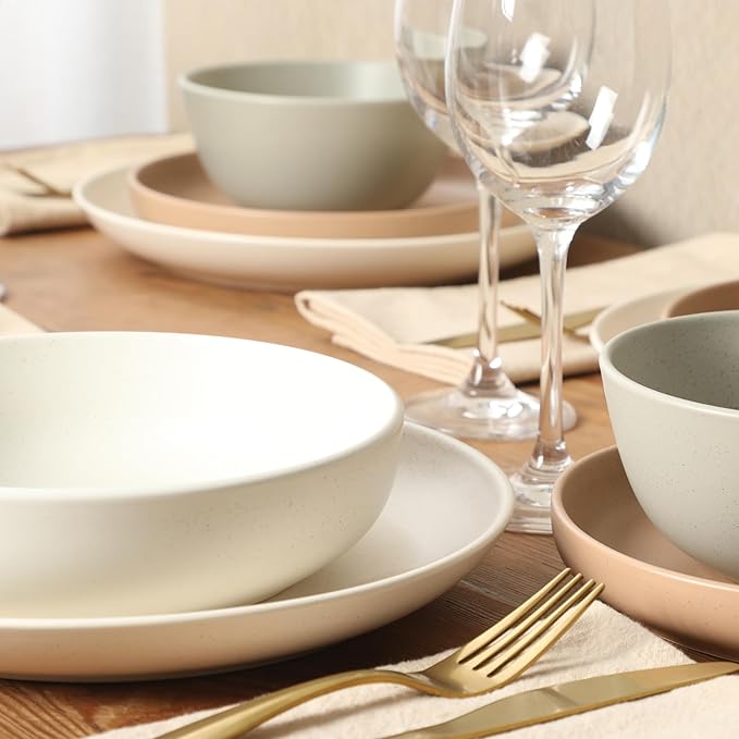 Gibson Elite Leeds Court Plates and Bowls Sets, 16-Piece Stoneware Dinnerware Sets, Assorted Colors, Round Speckle Reactive Glaze Dish Set