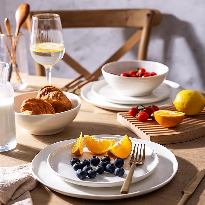 LERATIO Ceramic Dinnerware Sets for 8,Porcelain Plates and Bowls Sets with Wavy Edge, Oven &Microwave & Dishwasher &Safe,Light Weight & Scratch Resistant Dishes Sets-Service for 8 (24pcs) Peal White
