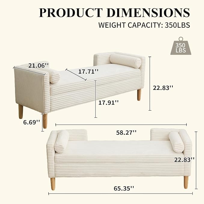 NIOIIKIT 65" Large Storage Ottoman Bench with 2 Pillows, Corduroy Upholstered Entryway Bench with Wood Leg, End of Bed Bench with Straight Armrest, Window Bench for Bedroom, Entryway (White)