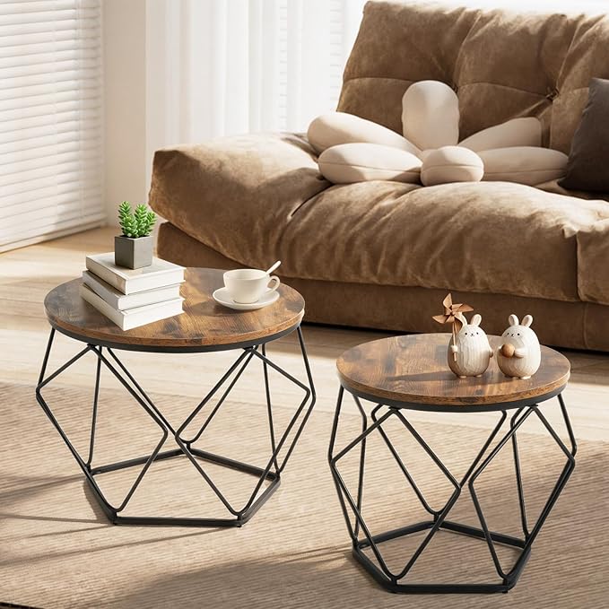 DUMOS Modern Geometric 2Pack Coffee Table, Round Nesting Side Tables with Hidden Storage, Movable End Tables for Living Room Decor & Practical Use Brown