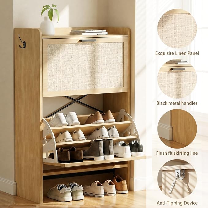 Shoe Storage Cabinet for Entryway, 2 Flip Drawers with 3-Tier Rack Each, 6-Layer Total Storage, Narrow Shoe Cabinet with Linen Panel, Slim Wood Shoe Organizer Closed Shoe Rack for Hallway,Small Spaces