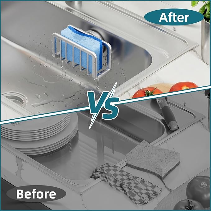 TAILI Sink Caddy with Strong Suction Cup, Sponge Holder for Kitchen Sink Oganizer, Removable Rustproof Aluminum Sponge Holder, Dish Brush for Scraper - Silver