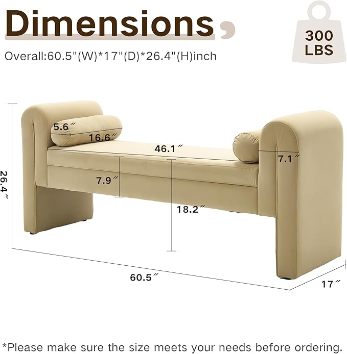 Velvet Bench for Bedroom End of Bed, 60.5- inch Upholstered Button Tufted Ottoman Bench with Rolled Arms, Button-Tufted Ottoman for Living Room, Entryway (Apricot)