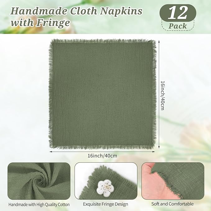 12 Pack Olive Green Cloth Napkins Cotton Linen Napkins with Fringe 16 x 16 Inch Soft Handmade Napkins Cloths Delicate Washable Rustic Dinner Napkin Cloths for Wedding Party Dinner Table Decor