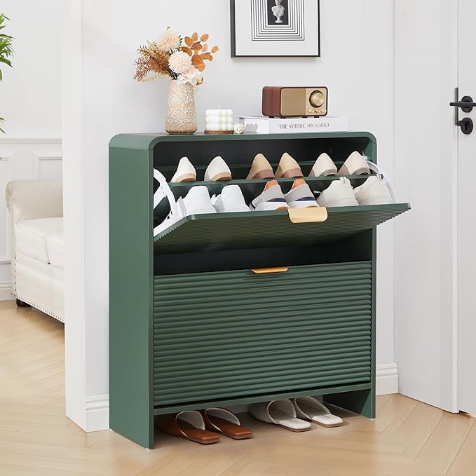 RARZOE Fluted Shoe Cabinet with 2 Flip Drawers, Narrow Curved Shoe Storage Cabinet for Entryway, Freestanding Wood Hidden Shoe Organizer Closed Shoe Rack Cabinet for Foyer, Hallway (29.5''Green)