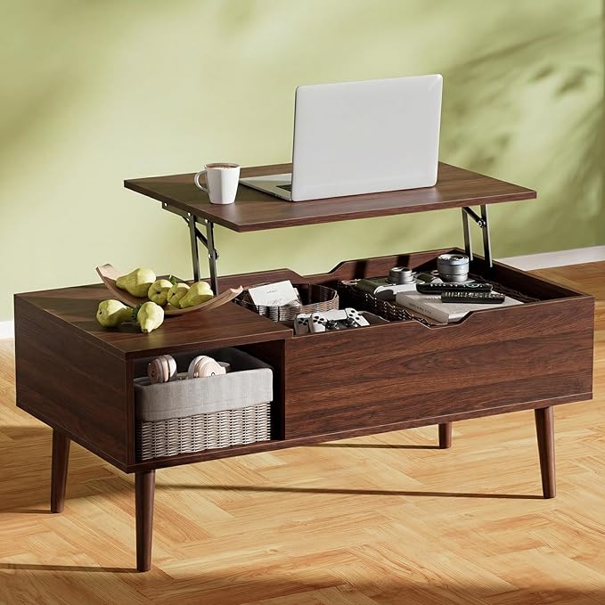 OLIXIS Wood Lift Top Coffee Table with Hidden Compartment and Large Storage Shelf, Lift Tabletop Dining Center Table for Home Living Room Office, Dark Brown