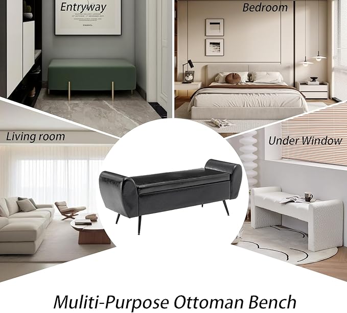 Storage Bench for Bedroom, 55" Extra Long Bench for King Size Bed, Modern Upholstered End of Bed Ottoman Bench with Arms for Entryway Living Room (Vegan Leather, Black)