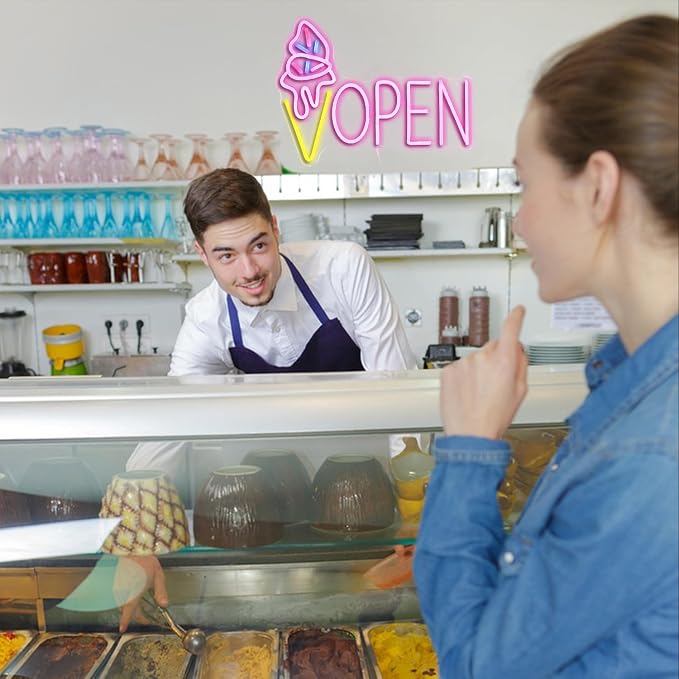 Ice Cream Open Neon Sign LED Light up Ice Cream Sign Dimmable Dessert Open Wall Decor Sign for Business Store Dessert Shop Bar Party Cafe USB Powered （16.5 * 12.6 In）