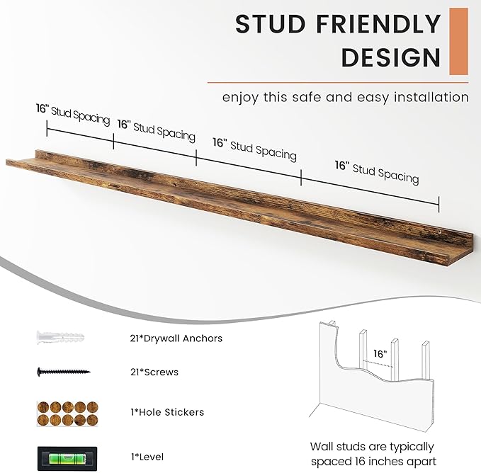 FLYJOE Floating Picture Ledge Shelves for Wall Set of 4, 72 Inch Wall Shelves with Lip Long Large Nursery Book Shelf for Toys Storage Kids Bookshelf Wall Mounted Living Room Bedroom Decor Frames