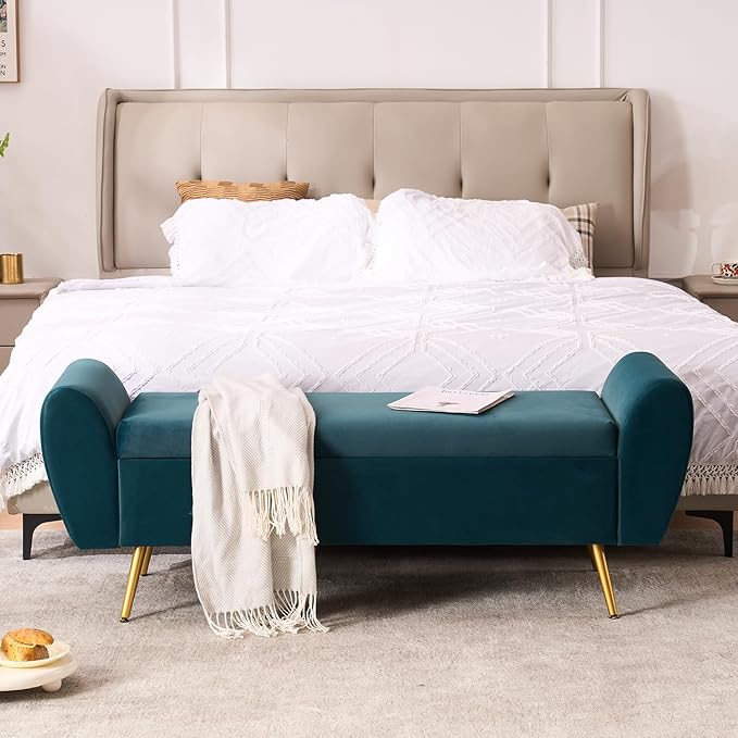 Storage Bench for Bedroom, 55" Extra Long Bench for King Size Bed, Modern Upholstered End of Bed Ottoman Bench with Arms for Entryway Living Room (Velvet, Teal/Blue-Green)