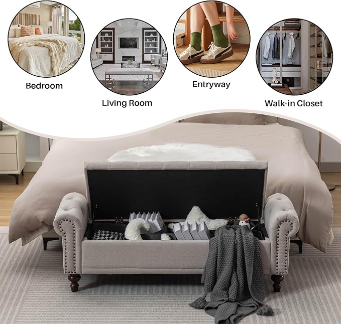SOFTHION 58.1" Storage Bench Upholstered Linen End of Bedroom Bed Bench Ottoman with Tufted Cushioned Rolled Arm Large Storage Space for Reading Living Room Entryway, Light Brown