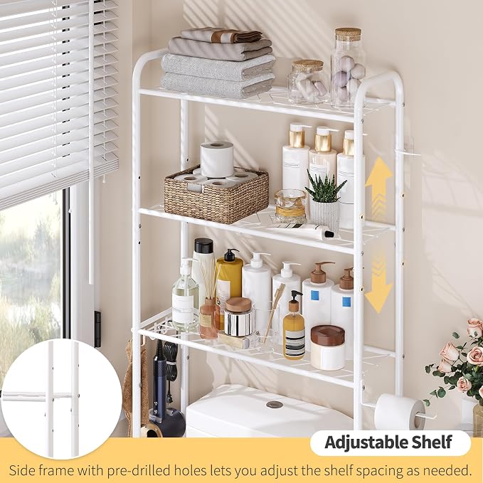 Over The Toilet Storage,3-Tier Heavy Duty Metal Bathroom Organizer, Freestanding Space Saver with Wide Shelves for Towels & Toilet Paper (White)
