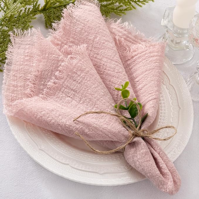 Socomi Set of 6 Linen Napkins Dusty Rose Easter Spring Cloth Napkins Washable Cotton Dinner Napkins Fringe 17"x17" for Wedding Party Bridal Baby Shower Birthday Table Decorations