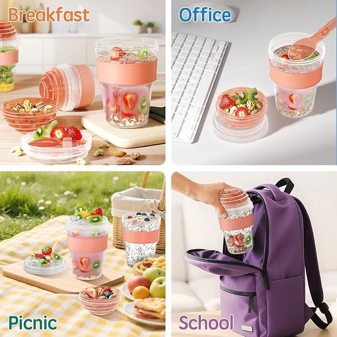 4 Pack Yogurt Parfait Cups with Lids Reusable, 20 oz Plastic Overnight Oats Containers To Go with Granola Compartment and Lids Spoon, Cereal Containers for Oatmeal, Snack, Breakfast Prep (Orange)