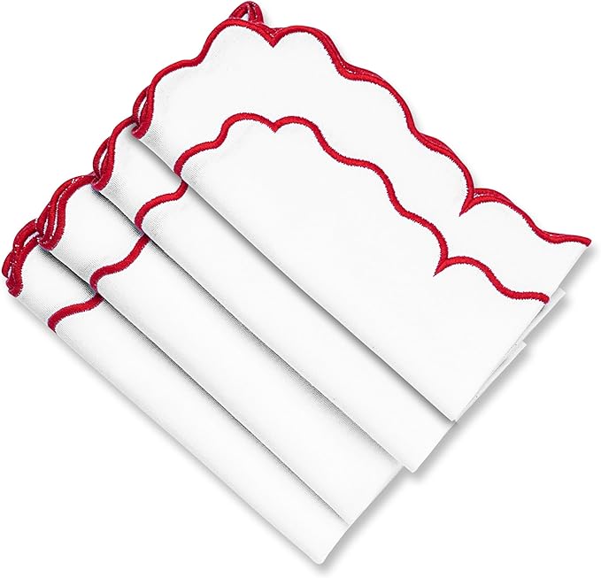 Red and White Napkins, Scalloped Napkins Cloth, 100% Pure Cotton, Embroidered Napkins, White Linen Napkins, Set 4 Wedding Napkins, Farmhouse Dinner Napkins Washable, White Napkins with Red Trim 18x18