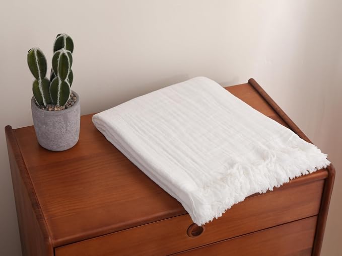 100% Cotton Muslin Throw Blanket for Bed, Couch, Small, Decorative, Soft, Pre-Washed, Breathable and Lightweight Gauze Blanket with Tassels(Off-White, 50"x60")