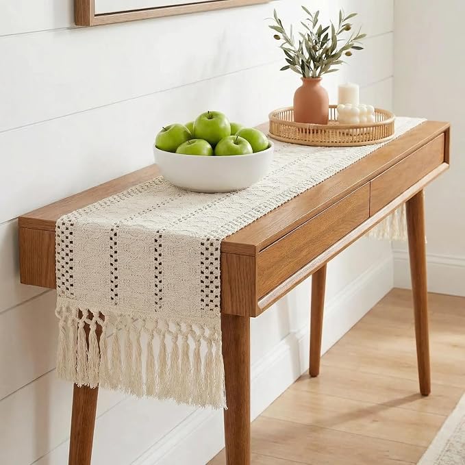 yuboo Boho Table Runner Short, Dresser Runner Cover Top, Beige Macrame Coffee Table Runners for Living Room Kitchen, Nightstand, End Table, Farmhouse Spring Dresser Decor, 48 Inches Long