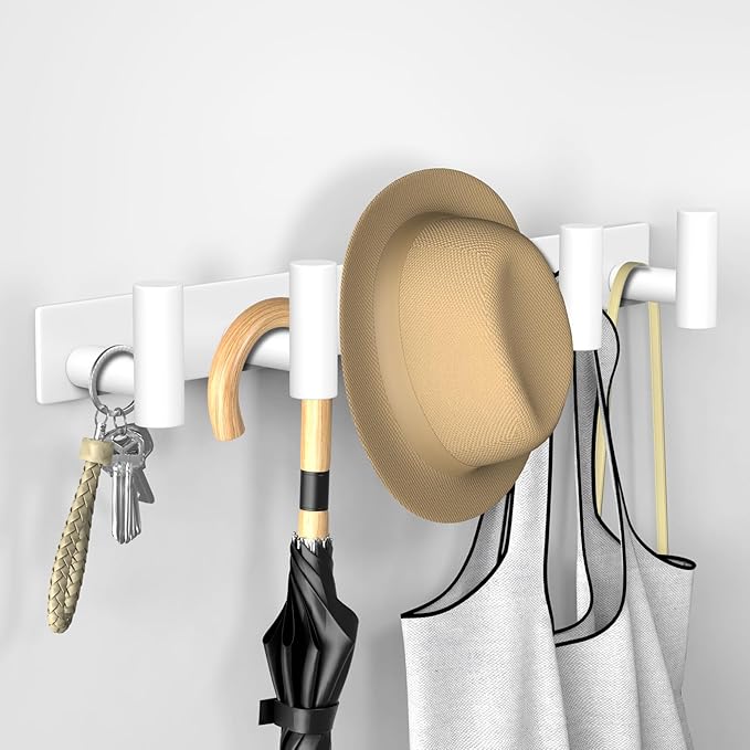 VAEHOLD Hat and Coat Wall Mount Rack - Hooks for Robes, Bags, Keys, and Towels - Bathroom Towel Hanger Organizer (White, “T“ Shape 5 Hooks 1 Pack)