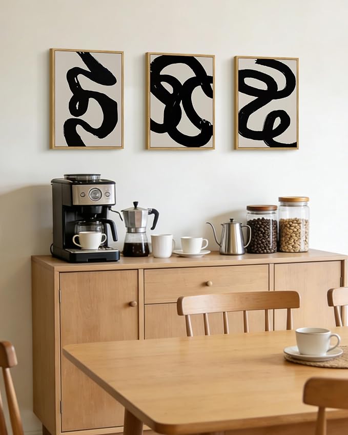 PHOPAGO Black Abstract Framed Wall Art Ink Wash Minimalist Thick Black Lines Paints Artwork - 11x14in Natural Framed