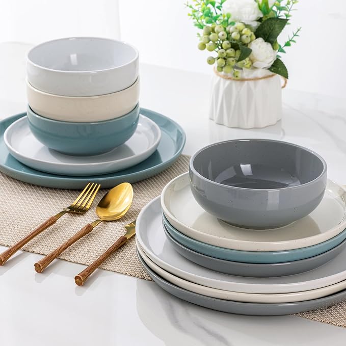 GBHOME Dinnerware Set for 4, GBHOME 12 Pieces Speckled Glaze Plates and Bowls Sets, Handmade Scratch Resistant Stoneware Dishes Set (Service for 4)