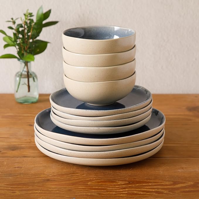 Gibson Elite Manila Bay 12-Piece Stoneware Dinnerware Set, Service for 4, Reactive Glaze Modern Artisan Plates, Bowls & Mugs, Blue, Round Design