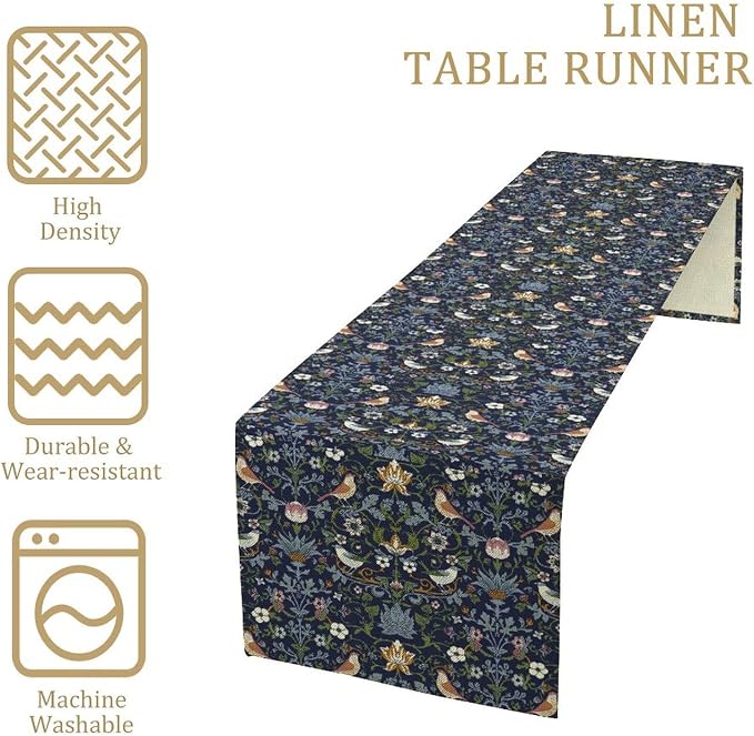 William Morris Vintage Flower Table Runner, Beautiful Vintage Boho Floral Tree Plant Birds Pattern Dinner Runner for Home Kitchen Dining Table 13x90 Inch