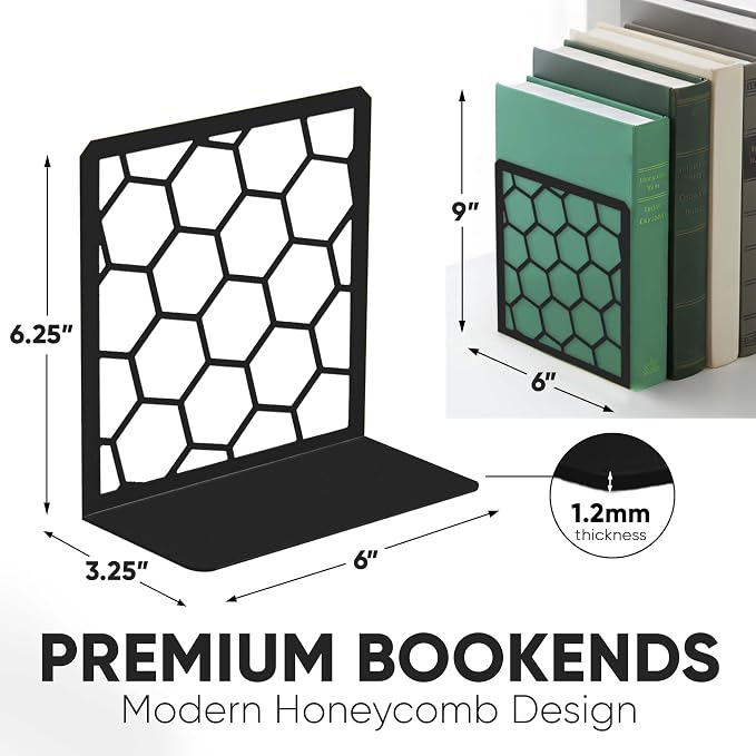 Black Geometric Honeycomb Metal Bookends - Book Ends for Shelves - Decorative Modern Heavy Duty Bookend Stopper - Book Ends for Heavy Books - Home Office Book Holder - 2 Pair, 6x3.25x6.25 in