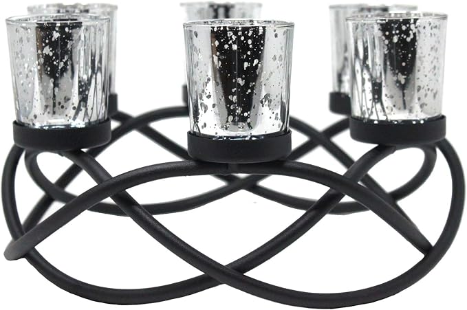Seraphic Kitchen Table Centerpiece Decor, Tealight Candle Holder, Silver | Christmas Wedding & Event Decor, Round Patio Umbrella Centerpiece, Wrought Iron 6 Votive Holders, 10.5in Round