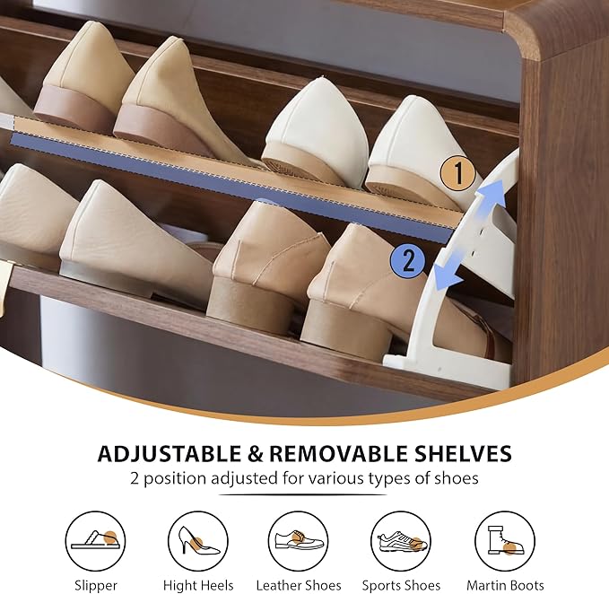 Narrow Shoe Cabinet, Wood Shoe Rack for Entryway with 2 Flip Drawers, Mid-Century Modern Slim Shoe Storage Cabinet Freestanding Hidden Shoes Organizer for Foyer, Hallway (Walnut, 27.56'')