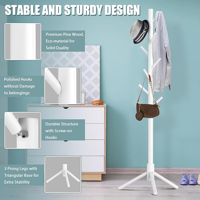 Haddockway Wooden Coat Rack Stand with 8 Hooks New Zealand Pine 3 Adjustable Coat Standing Tree Easy Assembly for Coats, Hats, Scarves and Handbags for Entryway, Hallway, Bedroom, Office, white