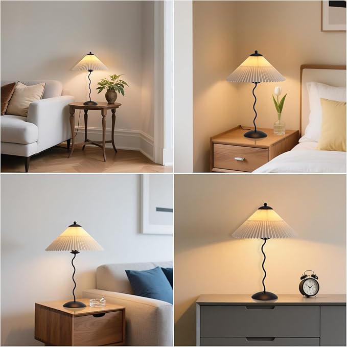 Pleated Table Lamp, S Tube Modern Table Lamp for Bedroom, Bedside Lamps with Organic Textured Linen Lampshade for Nightstand Bedroom Home Office Decor, Black