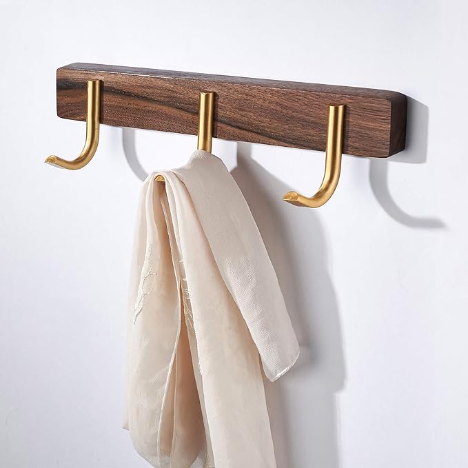 Wall Mounted Coat Rack, Entryway Hanging Coat Rack, Metal Wood Coat Rail with 3 Rustic Hooks Rail for Coat, Scarf, Bag, Towel, Key, Cap, Hat, Walnut Gold Matt