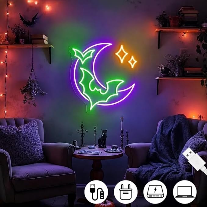 Halloween Bat Moon Neon Sign, Dimmable Spooky LED Wall Light, USB Powered Gothic Neon Decor for Bedroom, Bar, Party, and Halloween Room Aesthetic Gift Idea