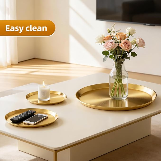 Round Gold Decorative Jewelry Tray - Small Stainless Steel Display Holder Tray Perfume Candle Key Decorative Storage Organizer for Desk Vanity Bathroom Dresser Kitchen Coffee Table (11.8'')
