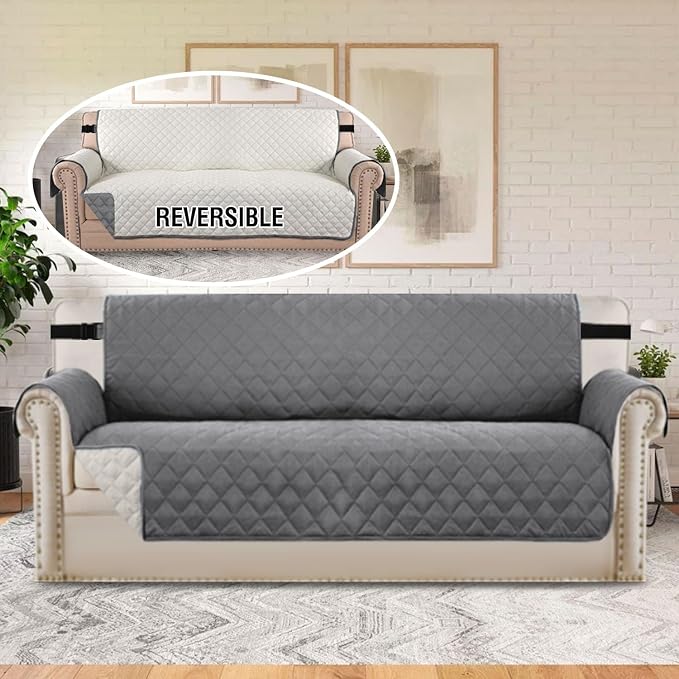 H.VERSAILTEX Reversible Sofa Cover Water Resistant Furniture Protector for Dogs Non Slip Couch Cover with Elastic Strap Machine Washable Sofa Slipcover Seat Width to 78"(Oversized Sofa, Grey/Beige)